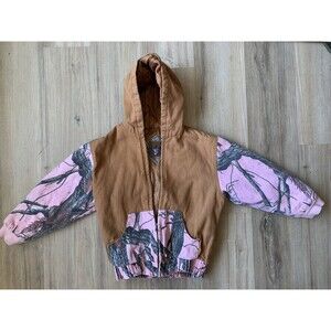 Outdoor Habitat GIRLS 7T Camel & Pink Camo Denim Hooded & Lined Bomber Jacket